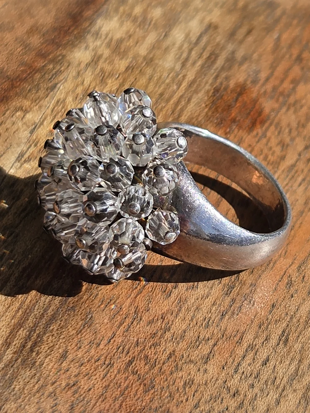 Vintage Crystal Cluster Sterling Silver Flower Ring -